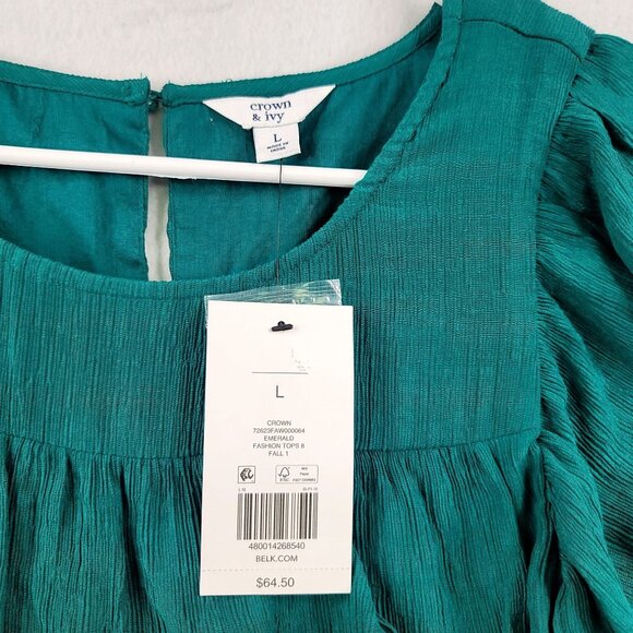 Crown & Ivy Womens Lined Green Tiered Ruffle Flutter Sleeve Top Large - Picture 3 of 9